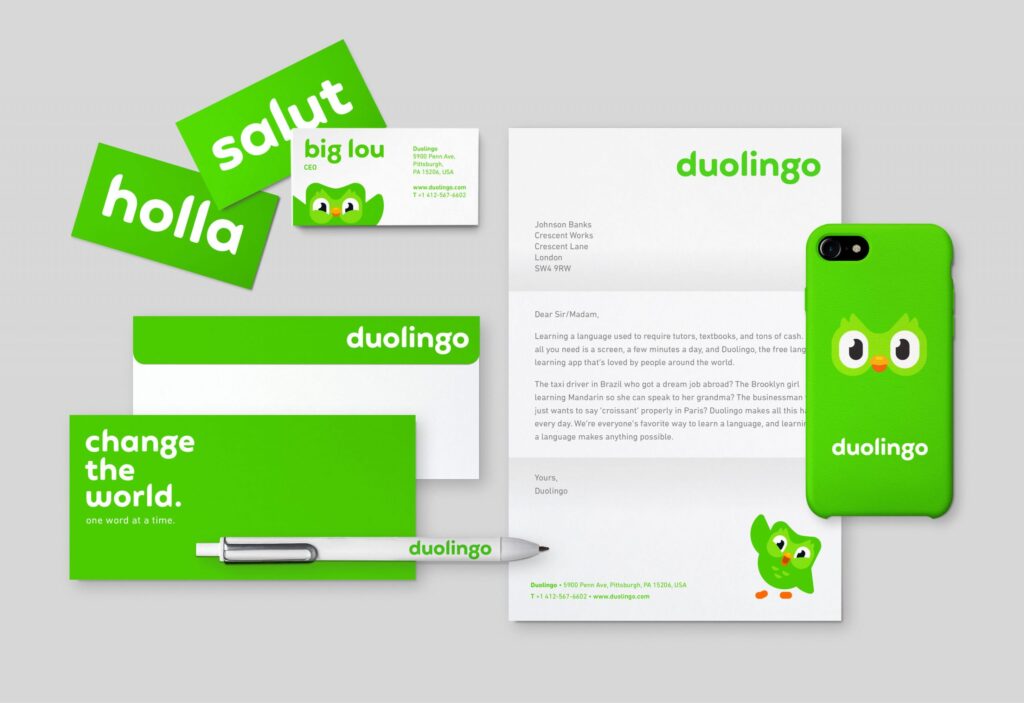 Brand design di Duolingo: identità visiva coerente e giocosa