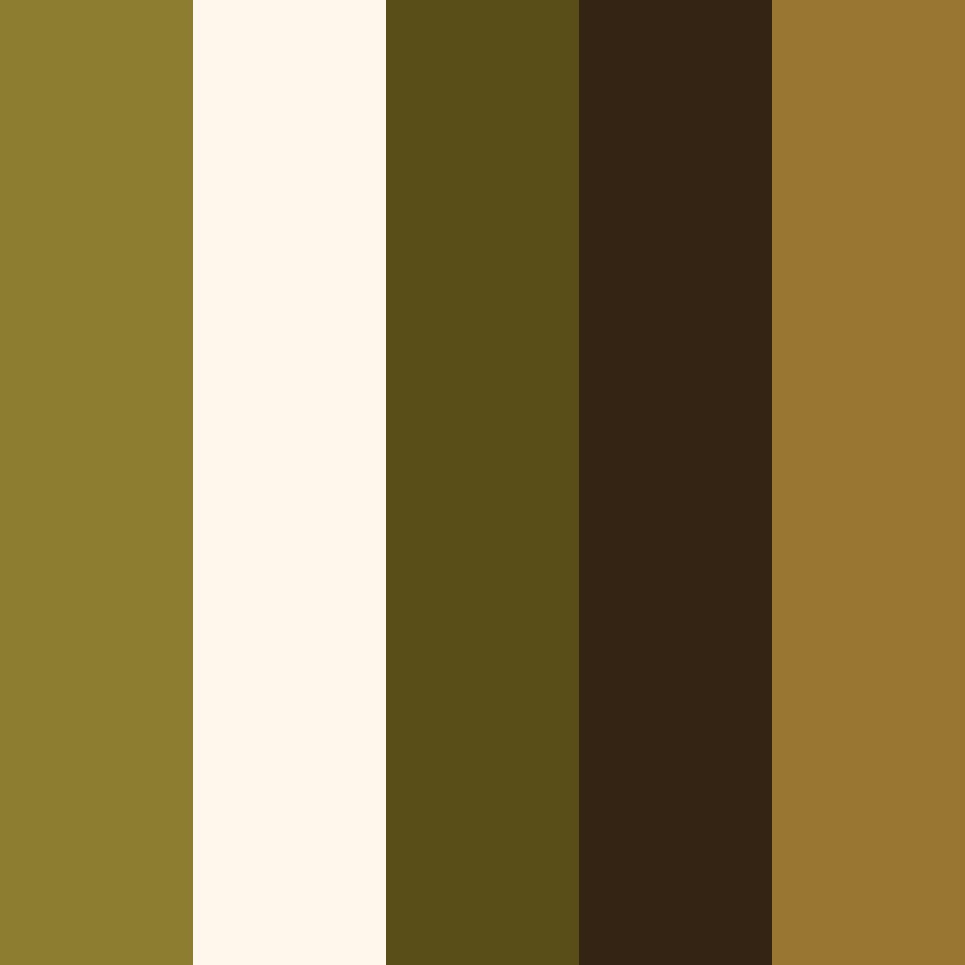 Palette colori naturale e sostenibile di Ribò, con toni ispirati al caffè: ocra, beige, verde oliva, marrone scuro e oro caldo