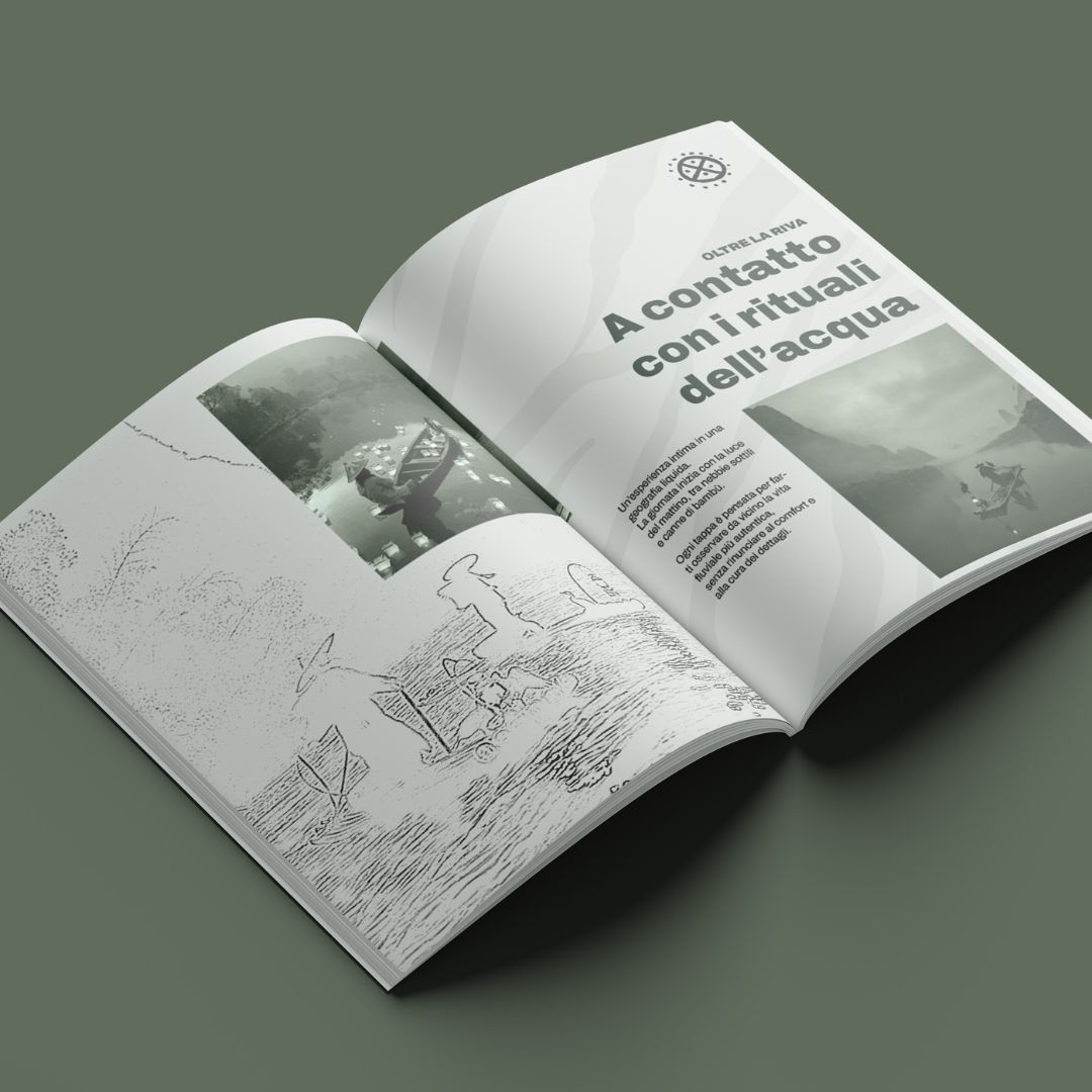 Pagine interne del magazine di Solstizio Agency con griglia forte, spazi pieni e design editoriale narrativo.