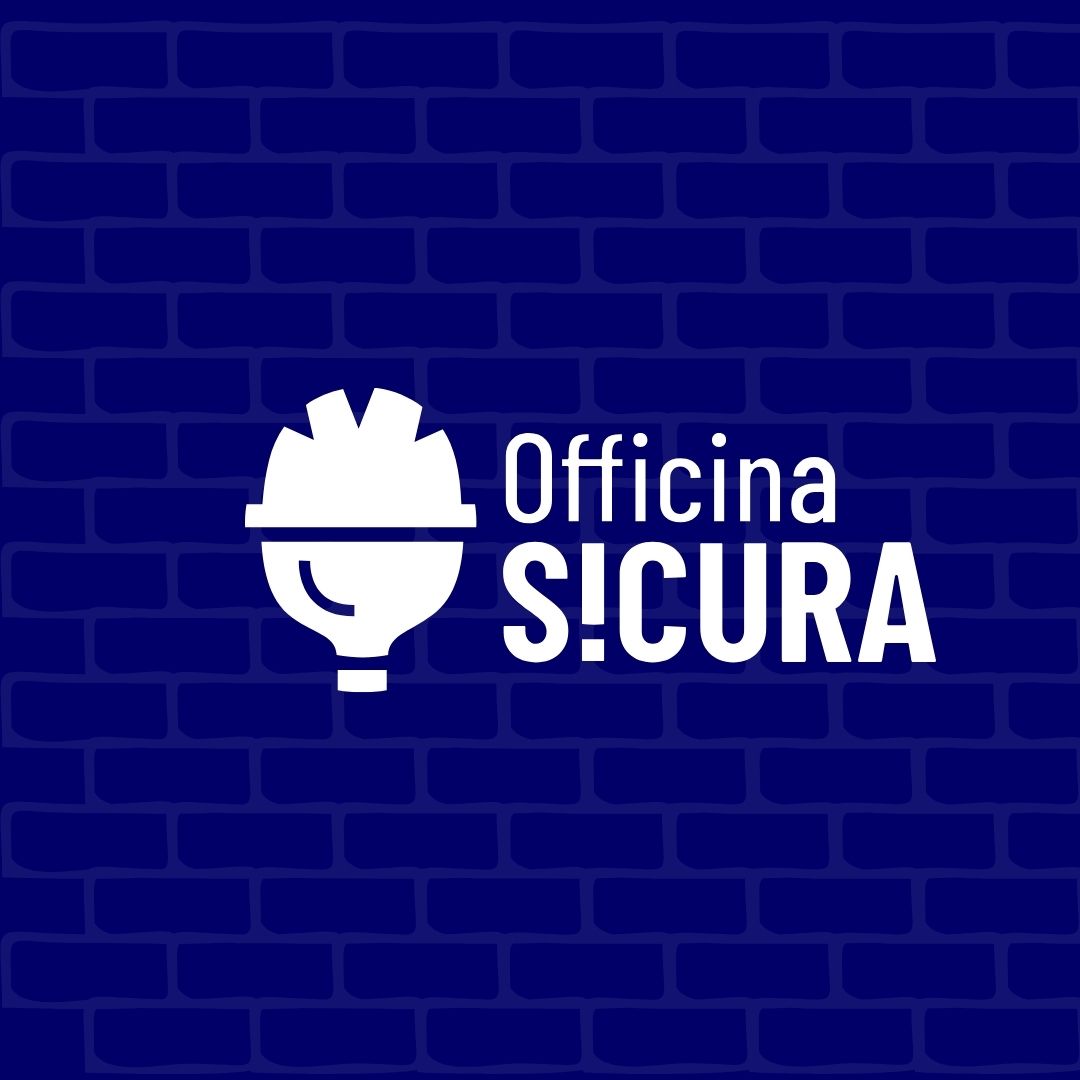 Logo Officina Sicura bianco con testo “Officina Sicura” su sfondo blu a mattoni.