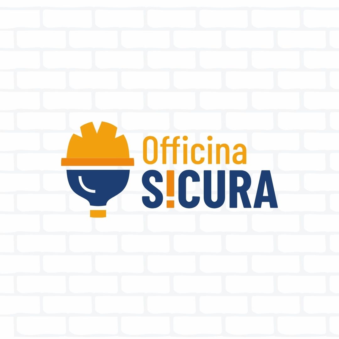 Logo Officina Sicura con elementi blu e arancio affiancato dal naming su sfondo bianco.