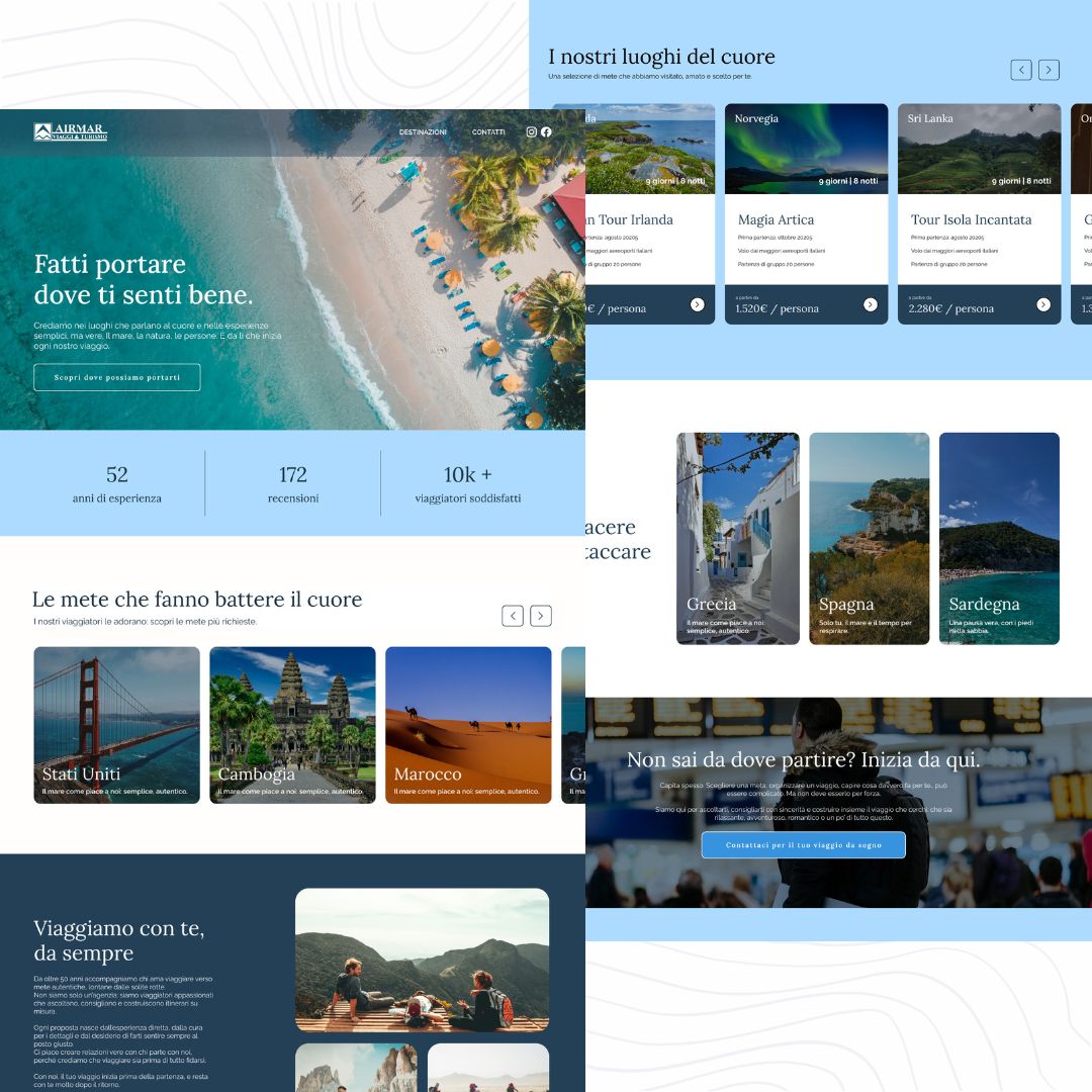 Anteprima della nuova homepage Airmar, con layout ordinato, sezioni chiare e immagini emozionali per un’esperienza di navigazione moderna.