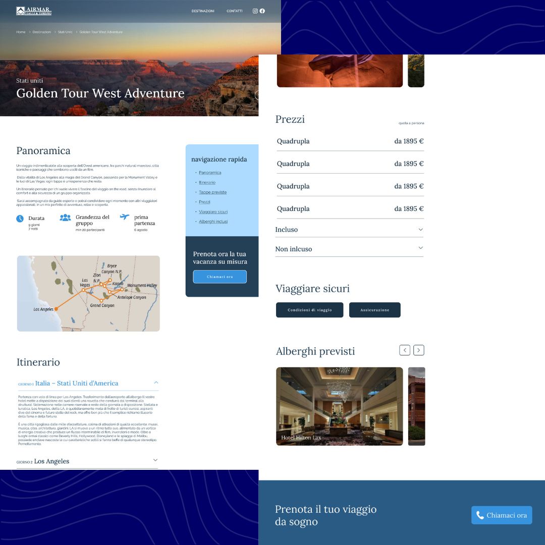 Pagina di dettaglio offerta viaggio Airmar con itinerario, prezzi e punti d’interesse ridisegnati per una navigazione più chiara e intuitiva.