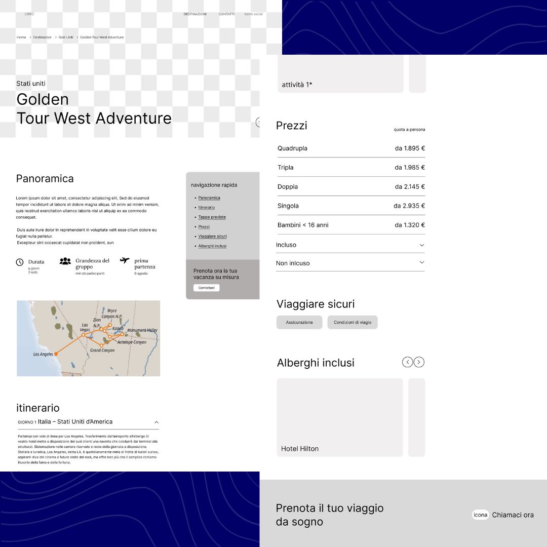 Wireframe della pagina offerta viaggio Airmar, con schema per panoramica, itinerario, prezzi e alberghi inclusi.