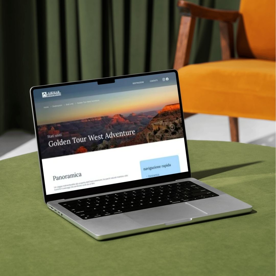 Visualizzazione della pagina offerta viaggio Airmar su laptop, con nuova struttura e layout chiaro per itinerari e prezzi.