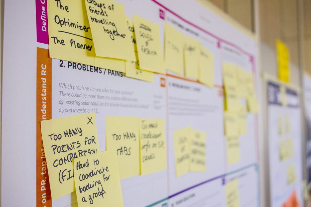 Lavagna con post-it gialli per analisi di problemi e bisogni dei clienti, strumento per creare buyer persona e brand strategy.